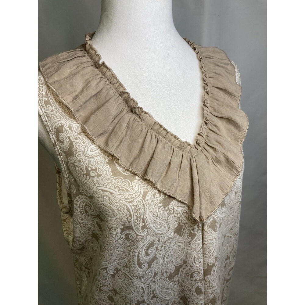Womens L Sleeveless Tunic Beige Ruffle V-Neck Paisley Blouse Top Granny Cottage - Picture 2 of 9